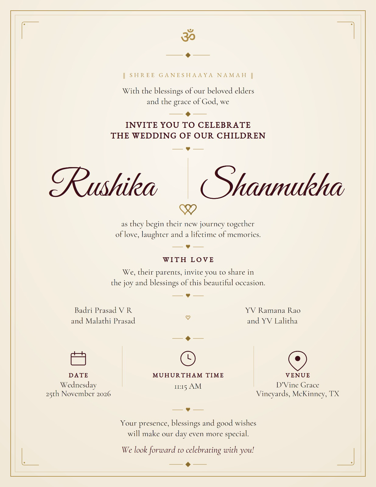 Formal wedding invitation for Rushika Badri Prasad and Shanmukha Sai Sumanth Yenneti